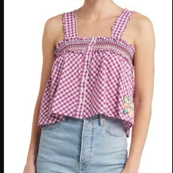 FRENCH CONNECTION Adla Gingham Smocked Top Purple White sz S NWT - Picture 1 of 2